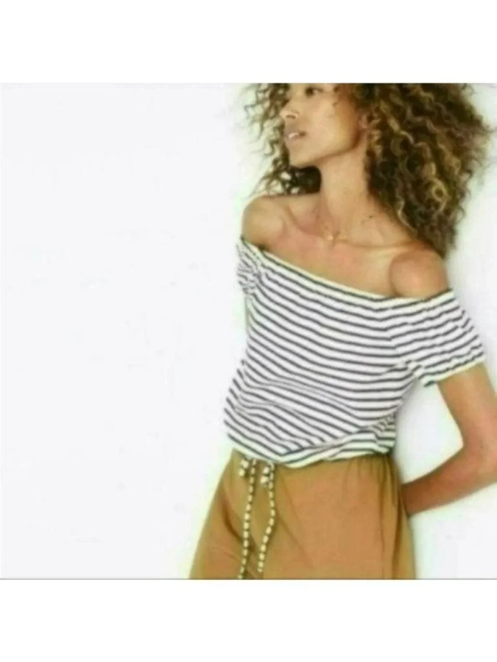 Madewell Melody Women's XXS Cream Black Striped Off The Shoulder Blouse